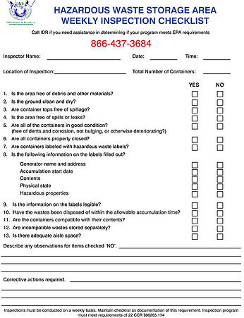 Hazardous Waste Weekly Inspection Checklist